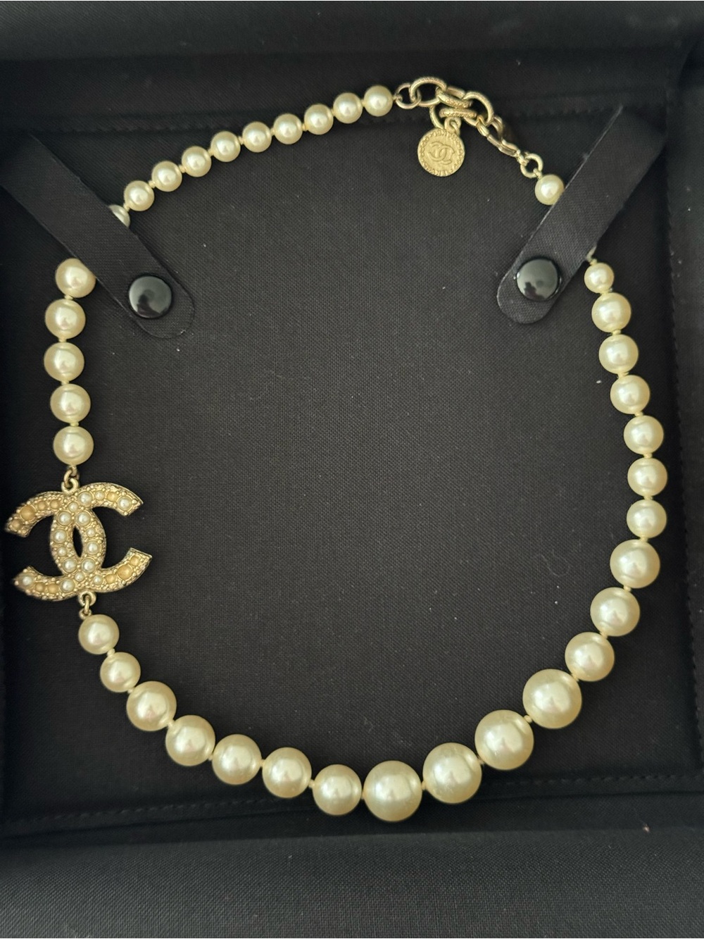 CHANEL Pearl Necklace with Gold CC Logo and Rhinestones - Cream Pearls